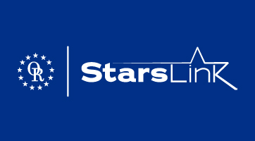 White StarsLink logo with someone using a laptop on a desk in the background