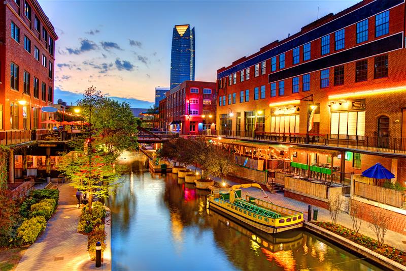 View of Downtown Bricktown in Oklahoma City at sunset.