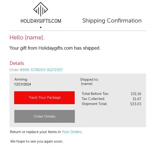 Example of a fraudulent shipping confirmation.